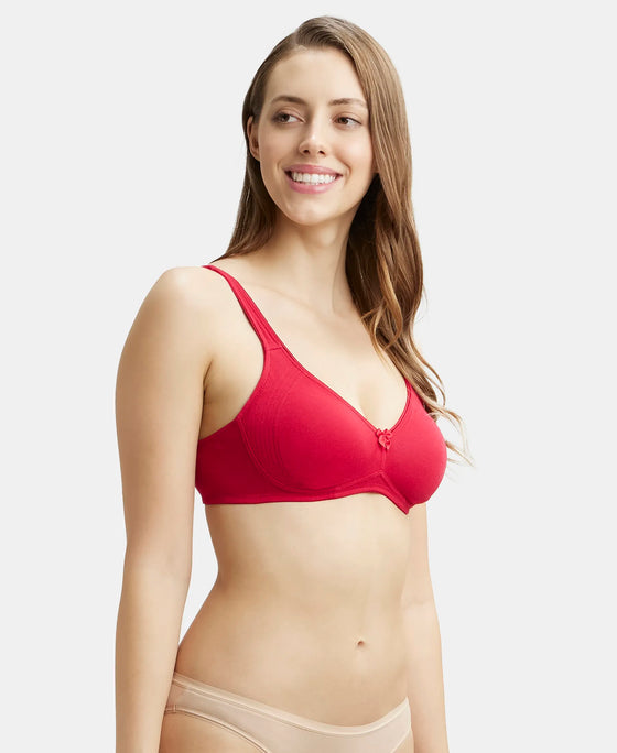 Wirefree Non Padded Super Combed Cotton Elastane Full Coverage Everyday Bra with Contoured Shaper Panel and Adjustable Straps - Red Love-2