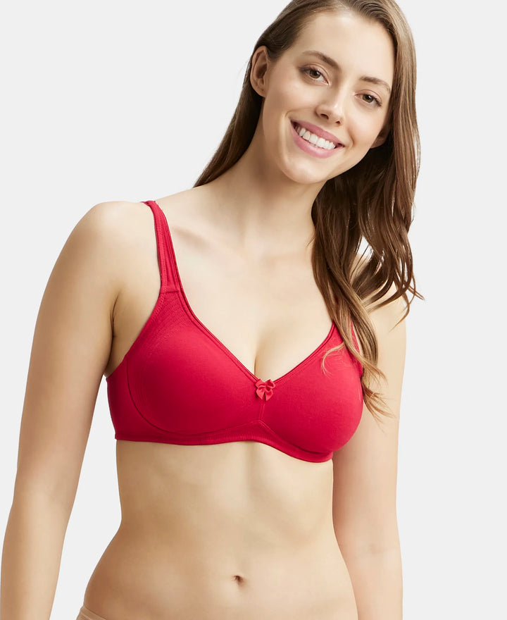 Wirefree Non Padded Super Combed Cotton Elastane Full Coverage Everyday Bra with Contoured Shaper Panel and Adjustable Straps - Red Love-5