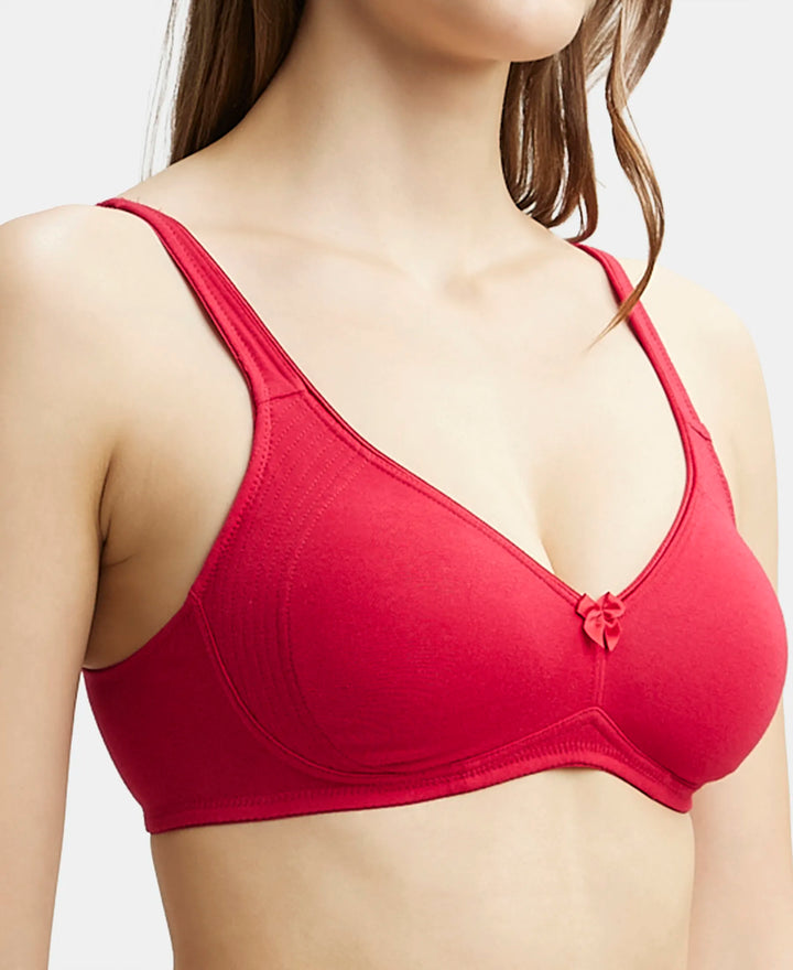 Wirefree Non Padded Super Combed Cotton Elastane Full Coverage Everyday Bra with Contoured Shaper Panel and Adjustable Straps - Red Love-7