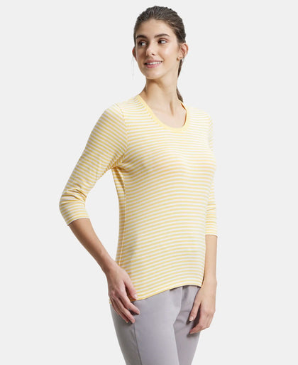 Super Combed Cotton Elastane Slim Fit Striped Round Neck Three Quarter Sleeve T-Shirt - Banana Cream & White-2