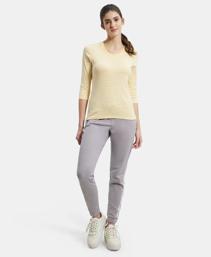 Super Combed Cotton Elastane Slim Fit Striped Round Neck Three Quarter Sleeve T-Shirt - Banana Cream & White-4