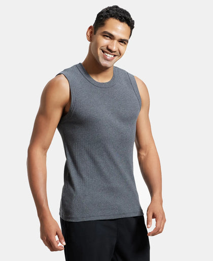 Super Combed Cotton Rib Solid Round Neck Muscle Vest - Charcoal Melange-2