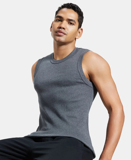 Super Combed Cotton Rib Solid Round Neck Muscle Vest - Charcoal Melange-5