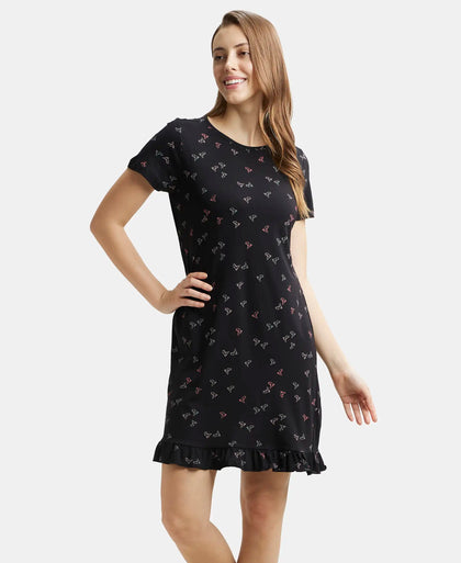 Micro Modal Cotton Ruffled Hem Styled Half Sleeve Printed Sleep Dress - Black-6