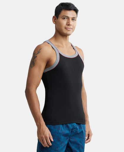 Super Combed Cotton Rib Square Neck Gym Vest with Graphic Print - Black & Grey Melange-2