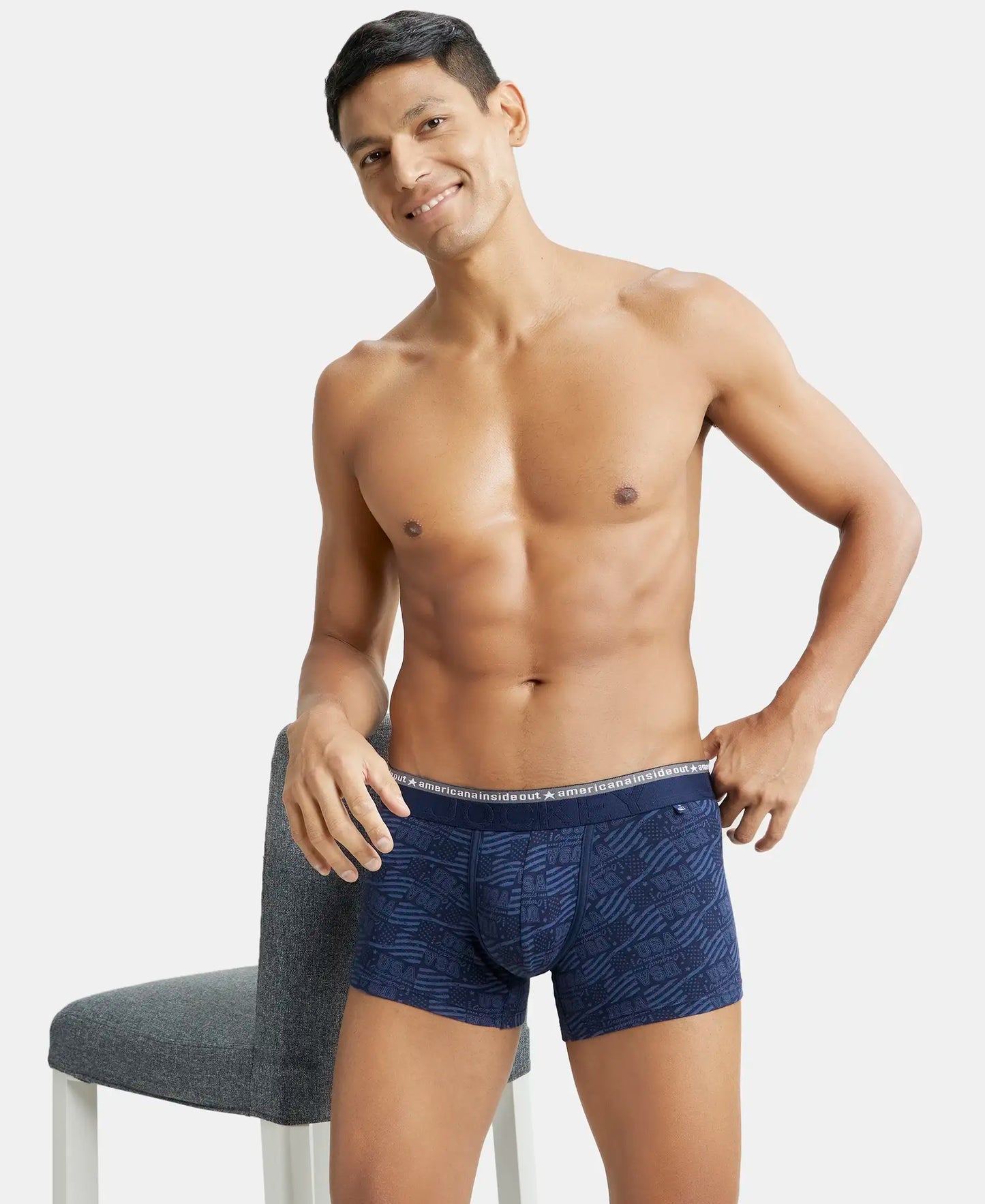 Super Combed Cotton Elastane Printed Trunk with Ultrasoft Waistband - Navy-5